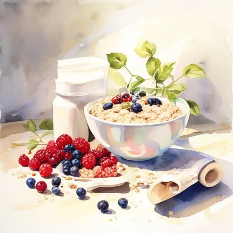 Pintura de acuarela de geles energéticos, plátanos, una botella de bebida deportiva y un rodillo de espuma, dispuestos artísticamente para representar la nutrición y recuperación.