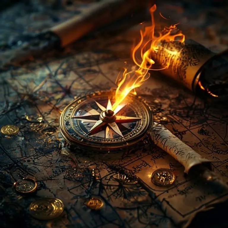 Fotografía cinematográfica de una brújula vintage con un brillo ardiente, sobre un mapa quemado y monedas de oro.