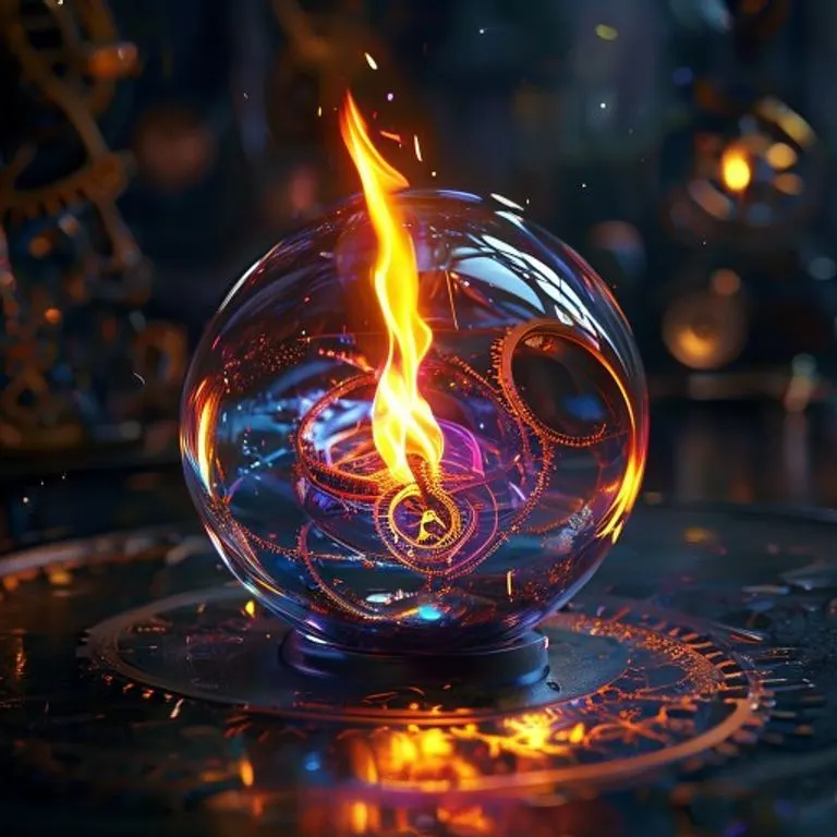 Arte conceptual de una llama parpadeante dentro de un orbe de cristal, rodeada de engranajes y mecanismos de relojería.