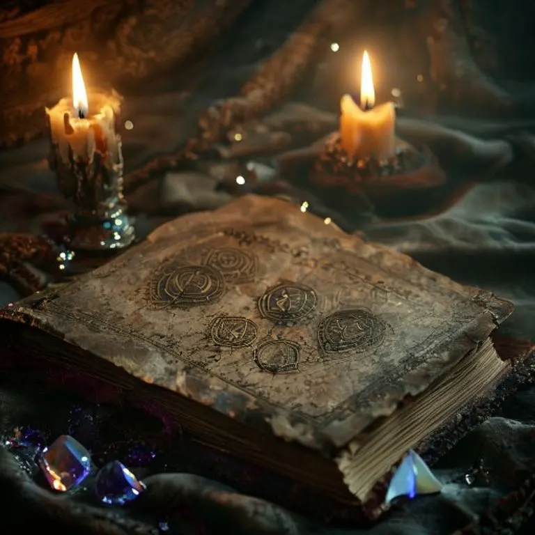 Fotografía cinemática de bodegón con un libro esotérico abierto, cristales brillantes y una vela encendida, evocando una atmósfera mística.