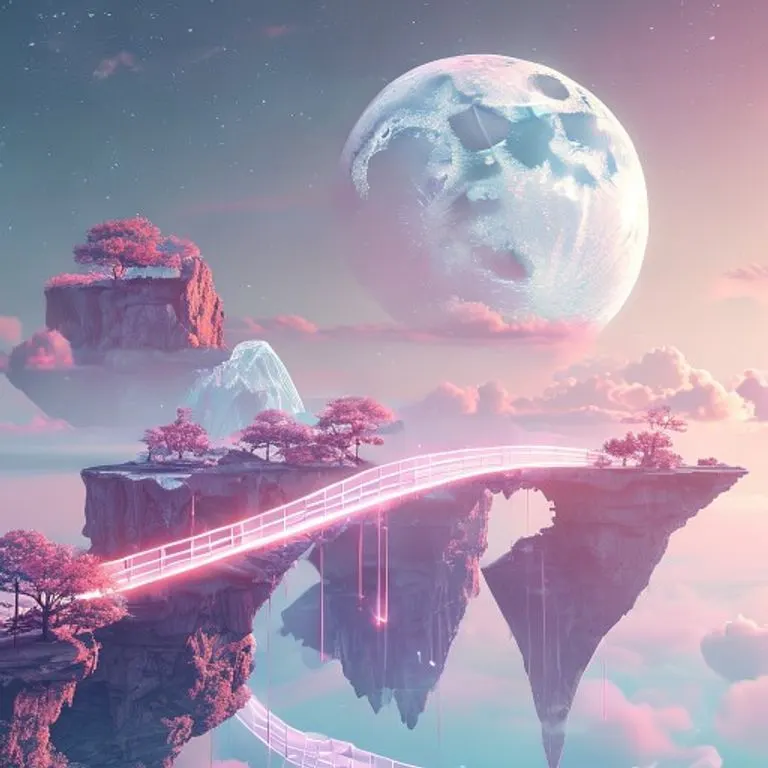 Ilustración digital 3D de un paisaje onírico con islas flotantes y puentes luminosos, bajo una gran luna estilizada, en colores pastel.