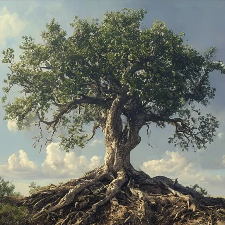 Arte conceptual de un roble antiguo con raíces profundas, simbolizando resiliencia y fuerza fundamental.