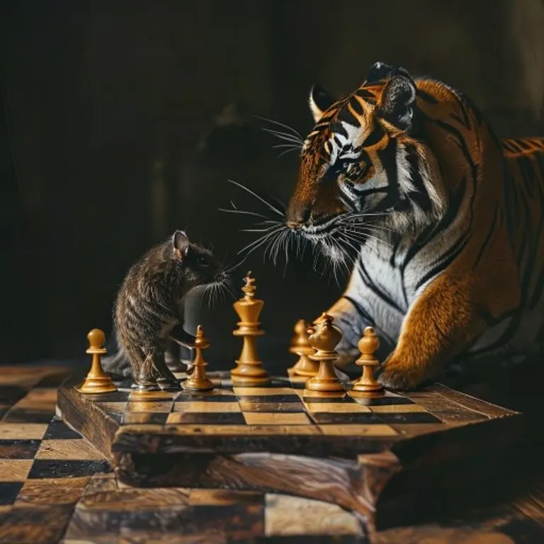 Fotografía cinematográfica de un tablero de ajedrez con piezas de rata y tigre en posición de combate, iluminado dramáticamente sobre una mesa de madera antigua, simbolizando estrategias de poder.