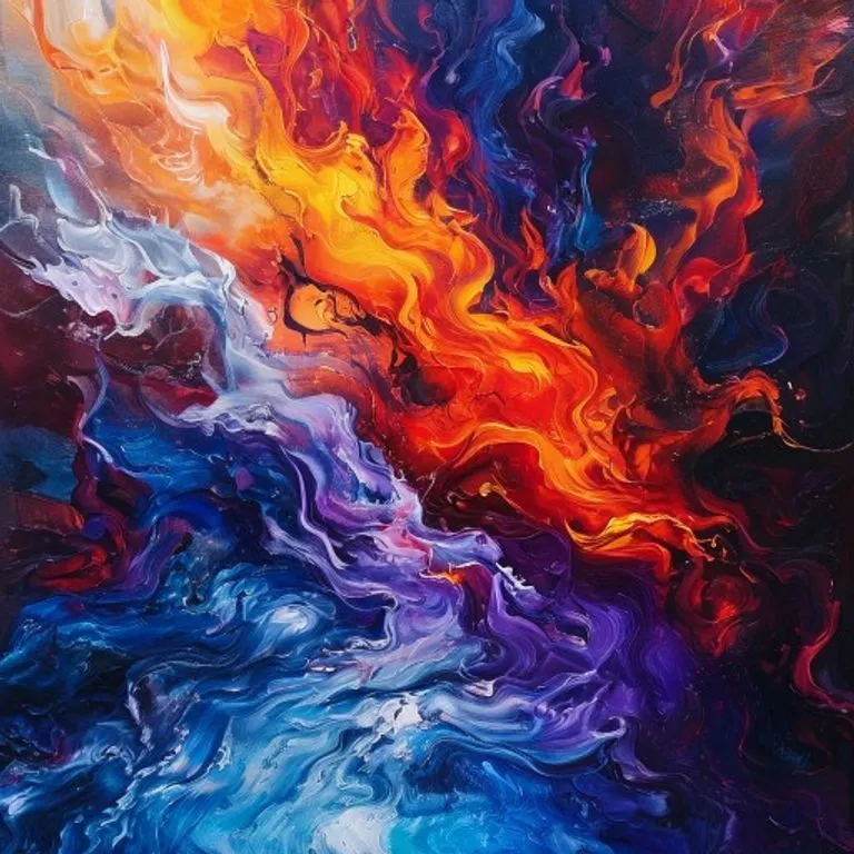 Pintura al óleo abstracta de llamas entrelazadas con agua que fluye, representando la intensa pasión y el conflicto subyacente, con texturas contrastantes y colores profundos.