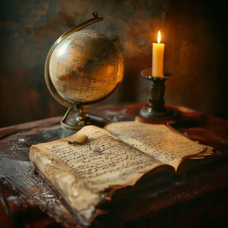 Globo celestial vintage y un diario con notas astrológicas en un escritorio de madera iluminado por una vela.
