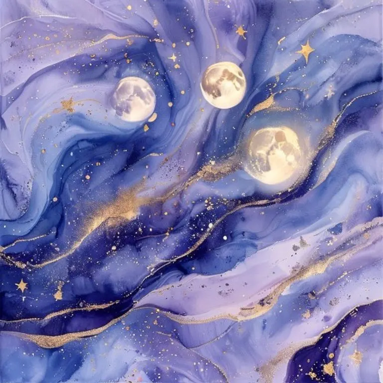 Pintura abstracta en acuarela con remolinos de índigo, lavanda y oro, representando energías cósmicas y paz interior.