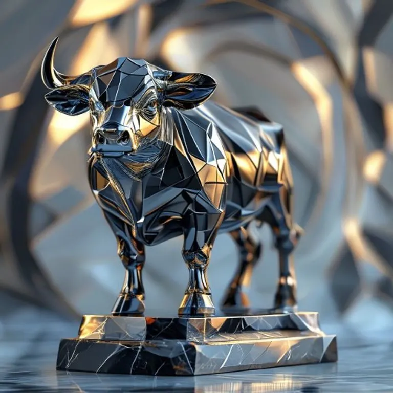 Una estilizada figura de buey hecha de metal pulido sobre un pedestal de obsidiana, con patrones geométricos abstractos de fondo que simbolizan la estabilidad, la ambición y la fuerza duradera.