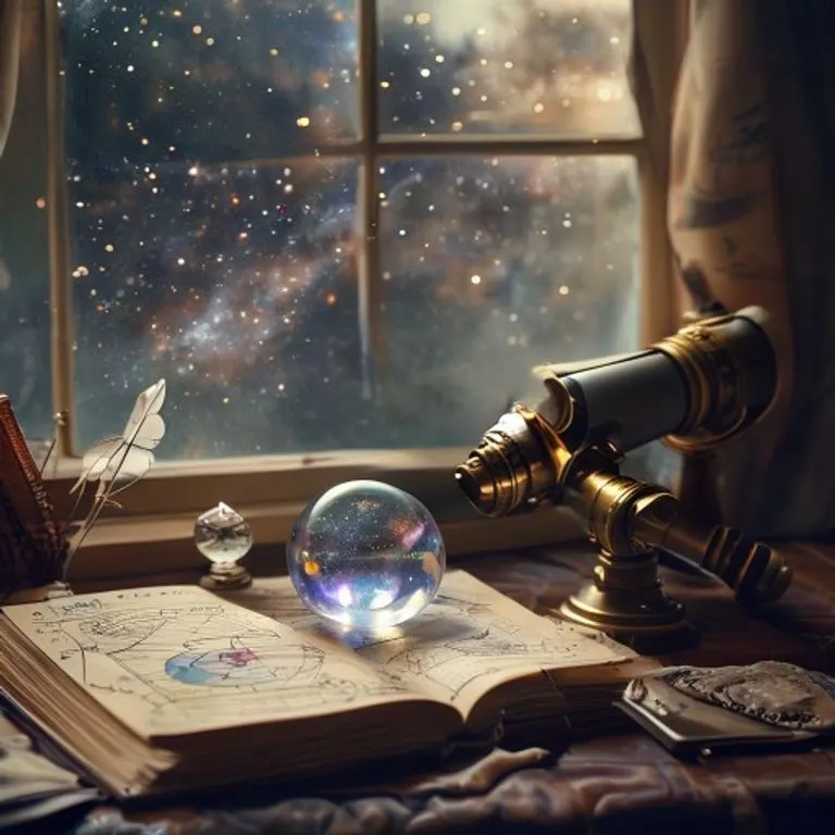 Bodegón cinematográfico de un telescopio vintage apuntando a una ventana estrellada, junto a un diario con cartas astrológicas abiertas, una pluma de ave y una pequeña bola de cristal pulida que refleja galaxias distantes, luz suave y etérea.