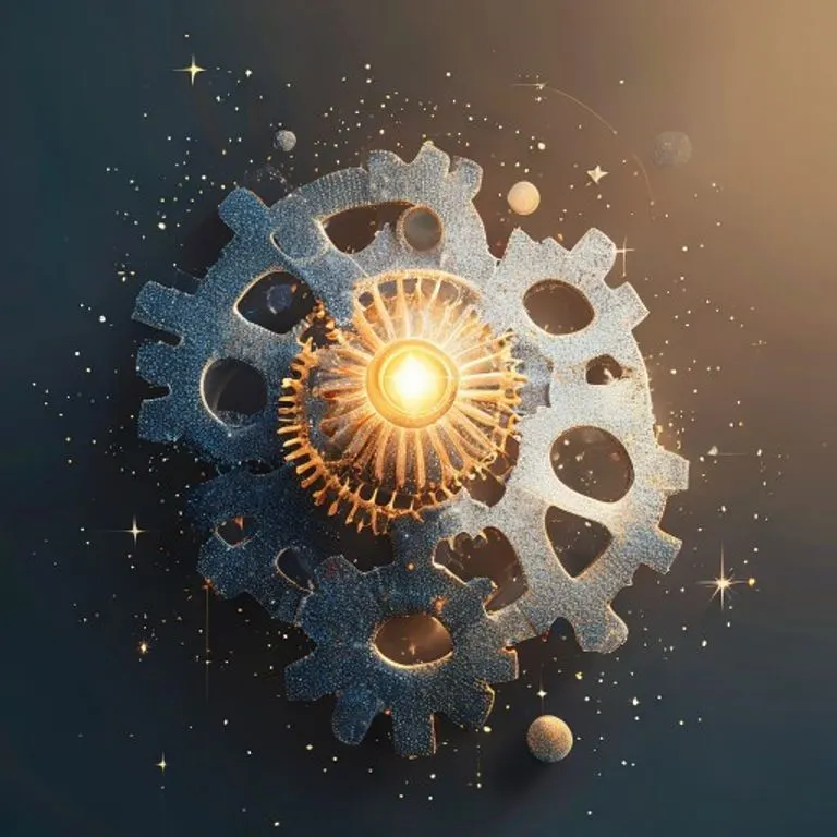 Renderizado 3D conceptual de engranajes entrelazados hechos de cuerpos celestes girando lentamente, simbolizando alineación y proceso. Una estrella brillante en el centro irradia luz, formas geométricas abstractas, diseño minimalista.