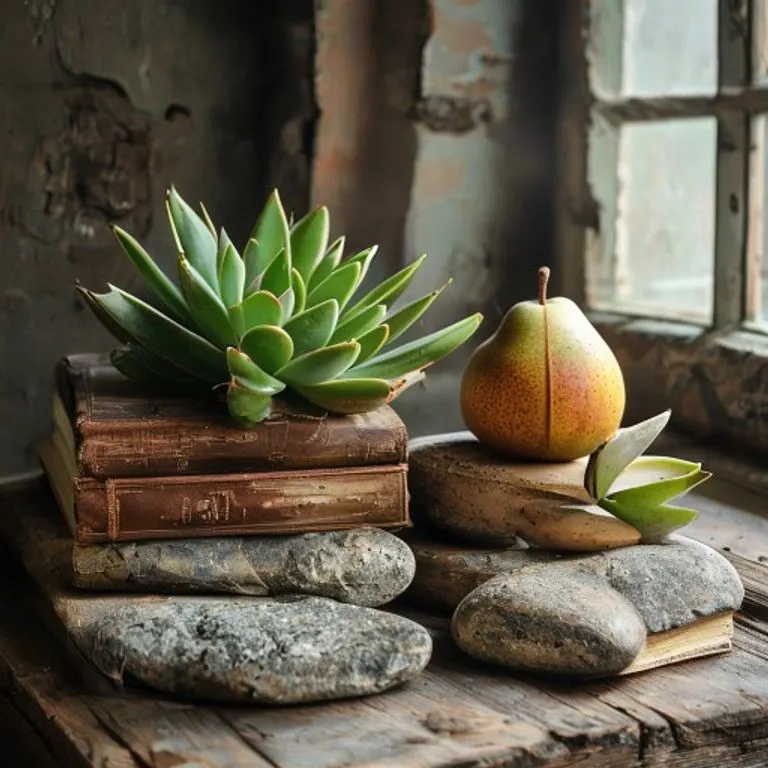Fotografía macro de elementos naturales: piedras de río, suculenta en maceta, libros antiguos y una pera madura sobre mesa rústica, bajo luz suave.