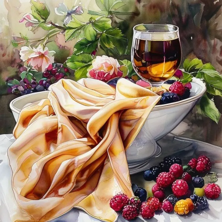 Pintura de acuarela de un lujoso pañuelo de seda sobre un tazón de bayas frescas y una copa de vino, con flores borrosas de fondo, evocando placer y belleza.