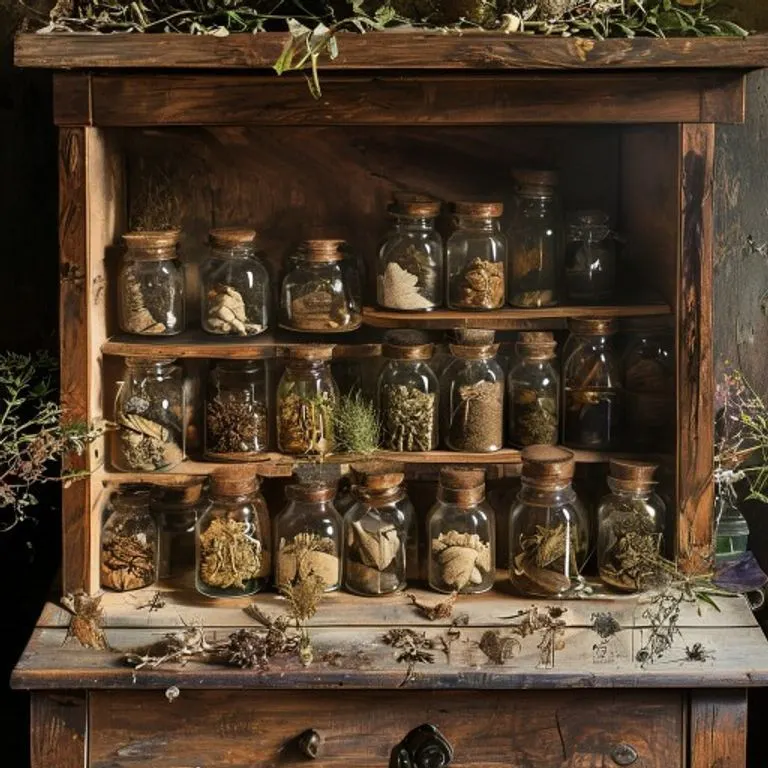 Fotografía de un antiguo gabinete de boticario con hierbas secas y cartas astrológicas