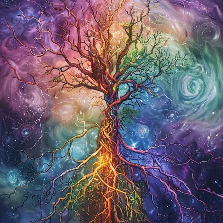 Arte conceptual de raíces de plantas entrelazadas formando una red de energía cósmica