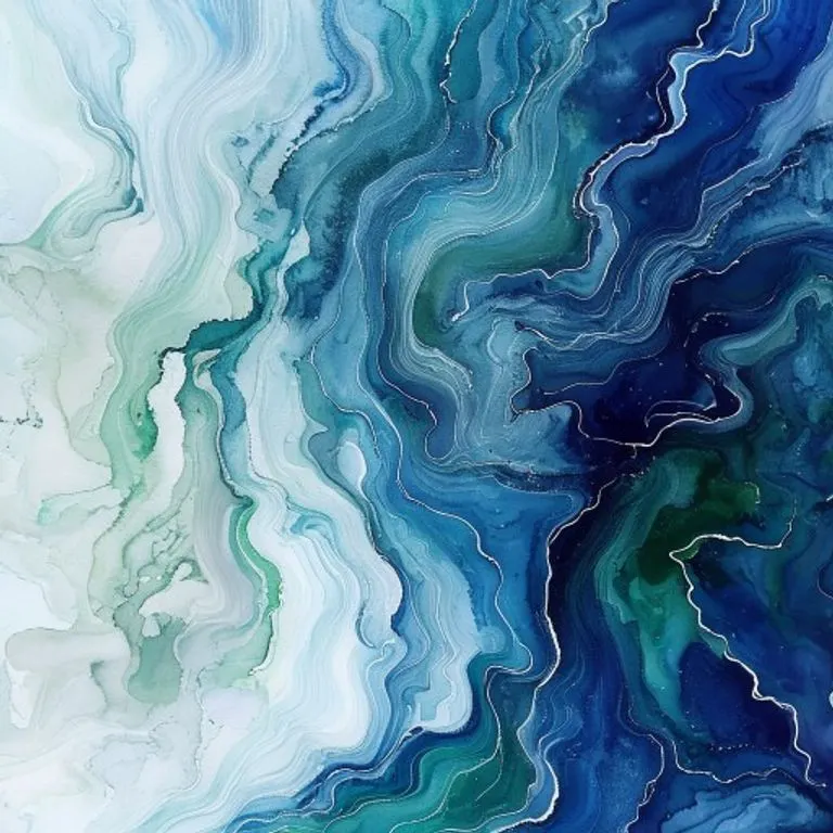 Pintura abstracta en acuarela con tonos azules y verdes, evocando la fluidez del agua y la profundidad de la intuición.