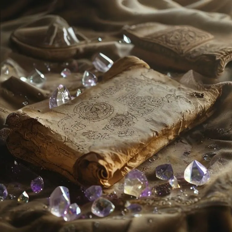 Fotografía de bodegón cinematográfico de un pergamino antiguo y desgastado con símbolos esotéricos, colocado sobre un cojín de terciopelo, rodeado de cristales pulidos y dispersos, con una luz suave y difusa que resalta las texturas y detalles.