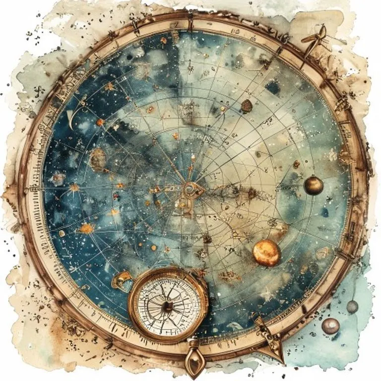 Pintura de acuarela de un mapa celestial con intrincadas constelaciones y símbolos planetarios, representados con colores suaves y fluidos. Un compás antiguo yace abierto sobre el mapa, con sutiles acentos dorados que le dan una calidad onírica.
