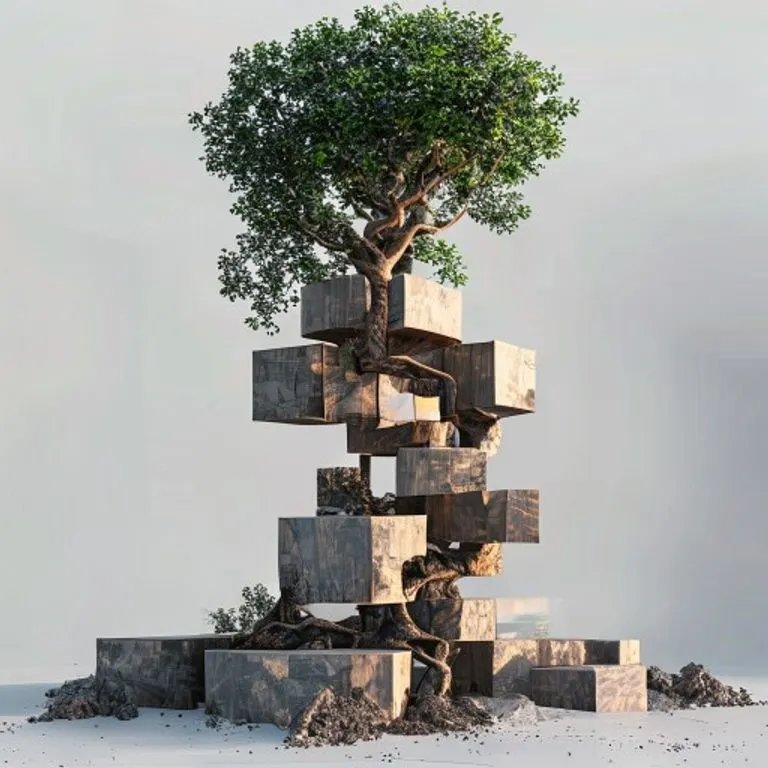 Render 3D de un árbol robusto con raíces entrelazadas con bloques de madera pulida, formando una estructura ascendente, simbolizando crecimiento y fuerza.