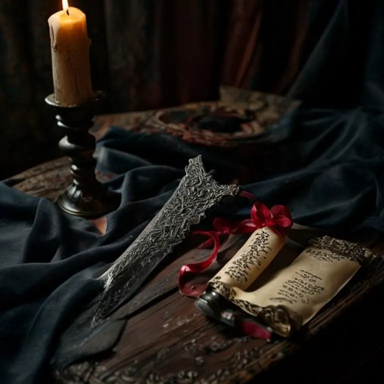 Fotografía cinematográfica de una daga de obsidiana sobre terciopelo oscuro, con una vela medio quemada y un pergamino sellado, evocando misterio y poder oculto.