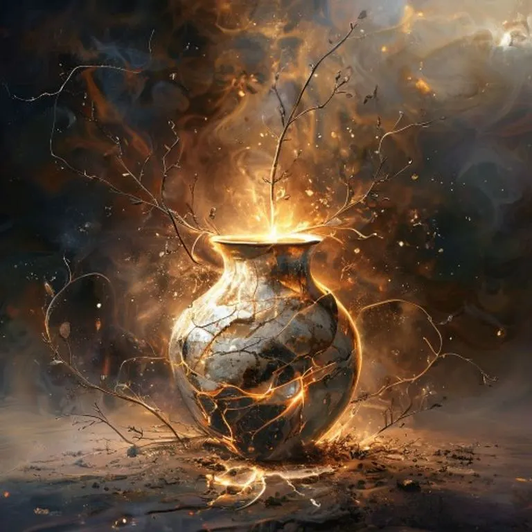 Arte conceptual de un jarrón de cerámica roto que se reensambla lentamente, emitiendo una luz interior y con brotes nuevos emergiendo de sus grietas, sobre un fondo cósmico, simbolizando regeneración y curación.