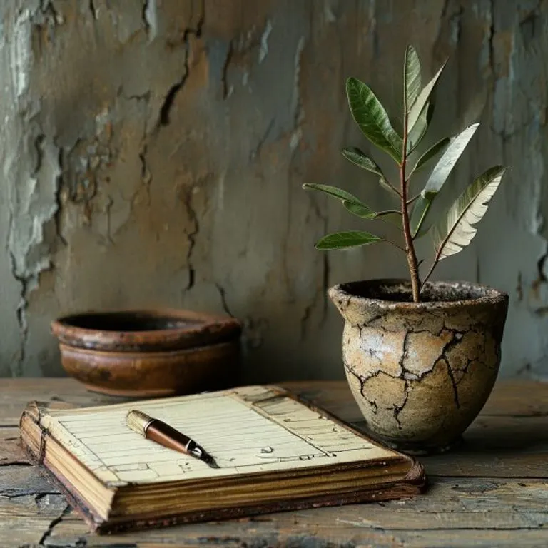 Escritorio organizado con un diario de cuero, una pluma y una regla, junto a un pequeño roble creciendo, simbolizando la disciplina y el crecimiento estructurado.
