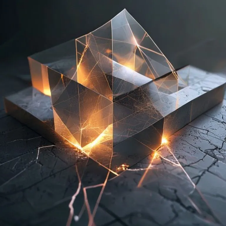 Render 3D abstracto de formas geométricas entrelazadas que forman una estructura estable, con grietas sutiles que revelan luz interior, representando la resiliencia.