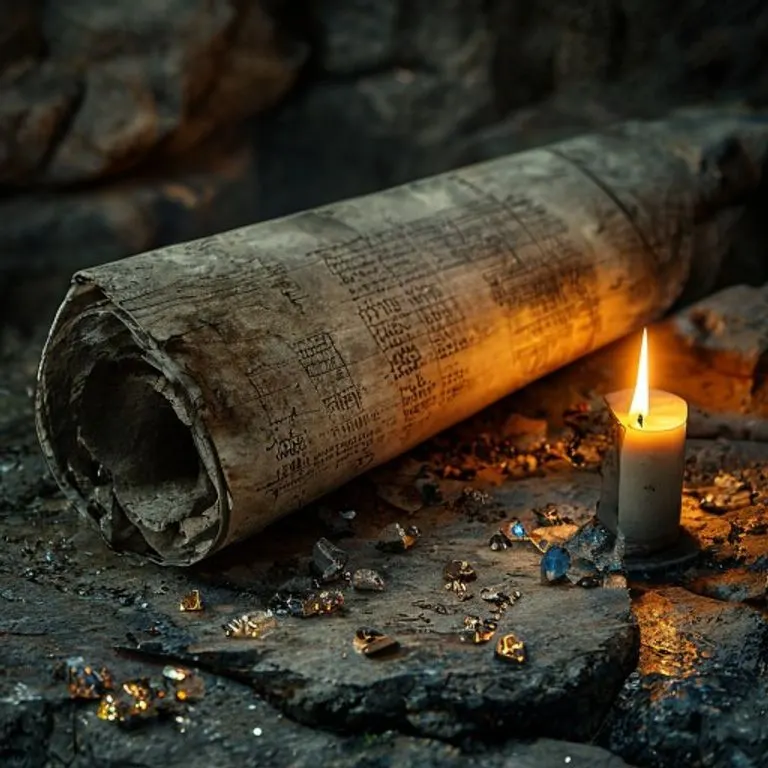 Fotografía de bodegón de un pergamino antiguo desenrollándose en un altar de piedra con símbolos crípticos y una vela parpadeante, representando desafíos kármicos y el viaje de autodescubrimiento.