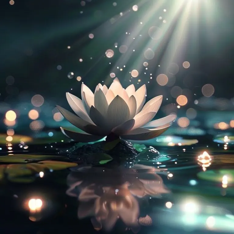 Renderizado digital 3D de una flor de loto que emerge de un estanque oscuro y reflectante, alcanzando una luz etérea, con orbes luminosos flotando alrededor, simbolizando el crecimiento, la iluminación y las nuevas oportunidades.