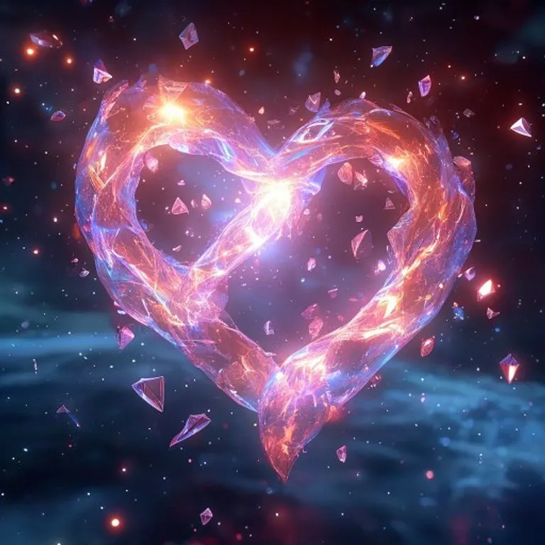 Renderizado 3D de dos flujos de energía luminosos entrelazados formando un corazón abstracto, rodeados de cristales flotantes en un vacío cósmico estelar.