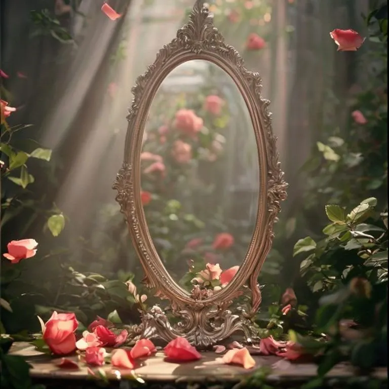 Espejo antiguo reflejando jardín simétrico con pétalos de rosa
