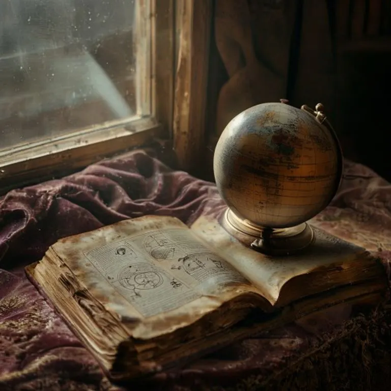 Fotografía cinematográfica de un antiguo globo celestial sobre tela de terciopelo, junto a un libro de cuero abierto con símbolos astrológicos, iluminado por la luz de la luna.
