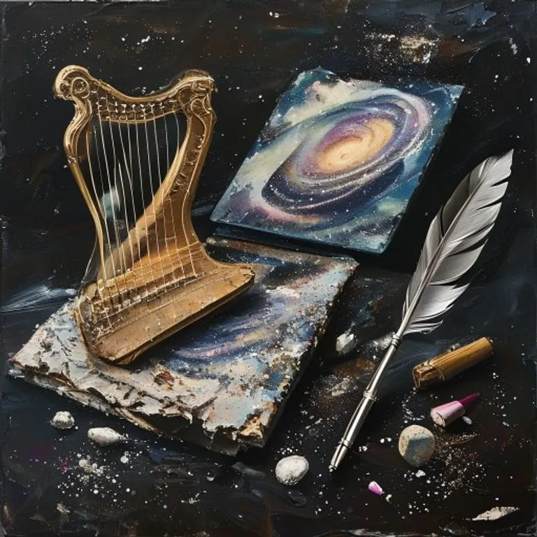 Pintura al óleo de una colección de objetos simbólicos: una lira rota, un lienzo a medio terminar con una galaxia, y una pluma de ave con tinta de polvo estelar, sobre una superficie oscura y reflectante.