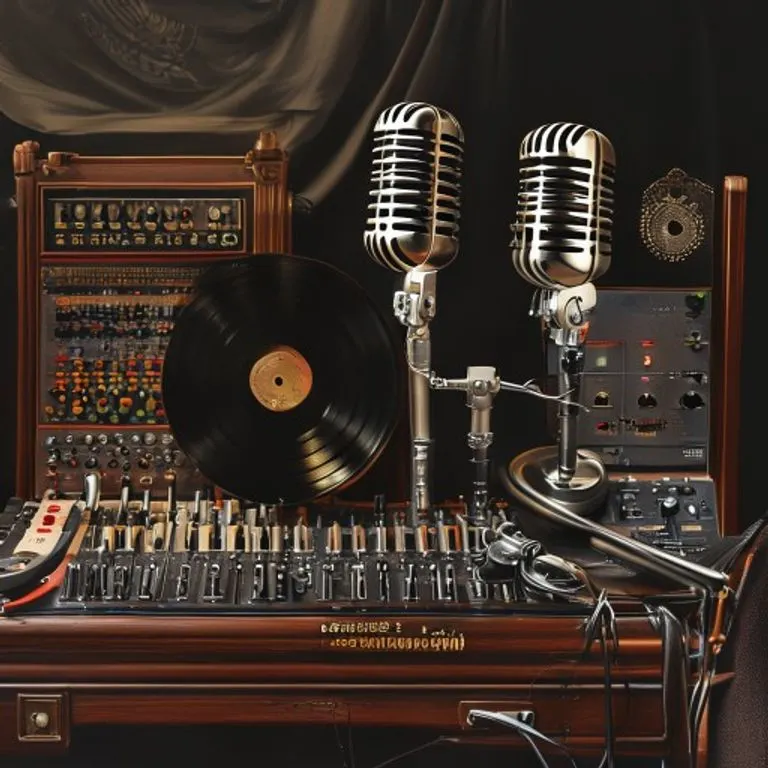 Fotografía de bodegón de un tocadiscos vintage de los años 80 con un disco de vinilo de 'Thriller' girando, rodeado de recortes de periódicos antiguos con titulares sobre récords de ventas y el impacto cultural del álbum, con una iluminación dramática y tonos cálidos.