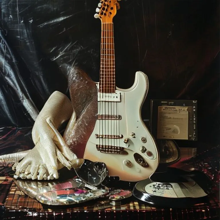 Una cinta de casete vintage con la etiqueta 'Beat It' y un micrófono clásico, rodeados de púas de guitarra y un sombrero fedora, iluminados con un estilo cinematográfico.