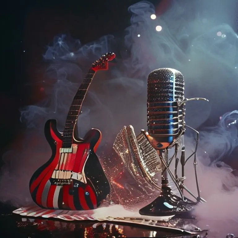 Un amplificador de guitarra vintage con pedales de efectos y una guitarra eléctrica en primer plano, iluminados con un brillo cálido, evocando la energía del rock clásico.