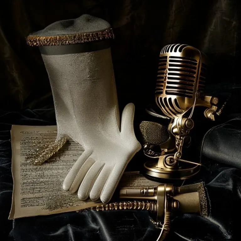 Espejo roto reflejando luz fragmentada, con un guante blanco de lentejuelas sobre una superficie oscura y texturizada, creando una atmósfera conceptual.