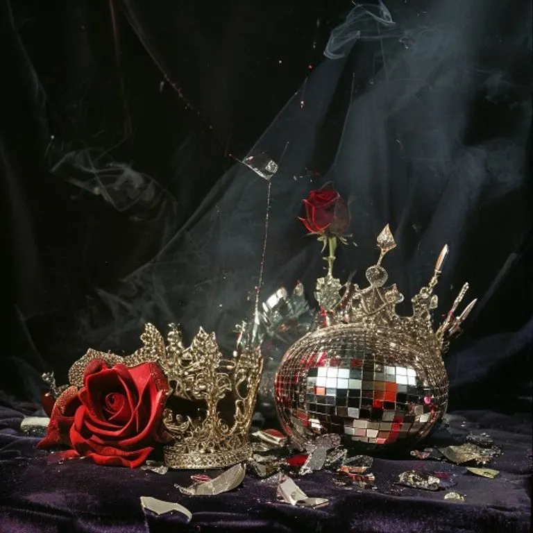 A vintage cassette tape labeled 'Blood on the Dance Floor' resting on a stack of blurred music magazines, illuminated by a single spotlight, symbolizing media scrutiny and artistic creation.