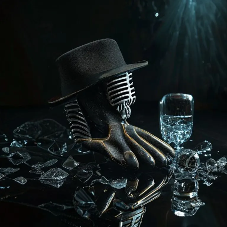 Un micrófono de cristal roto en un escenario futurista y desolado, con reflejos de luz fragmentados y un fondo abstracto que simula una tormenta mediática.