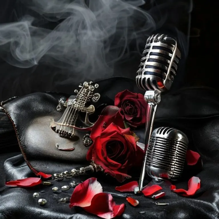 A single microphone stand illuminated by a dramatic spotlight on an empty stage, symbolizing the solitude and intensity of a performer's life.