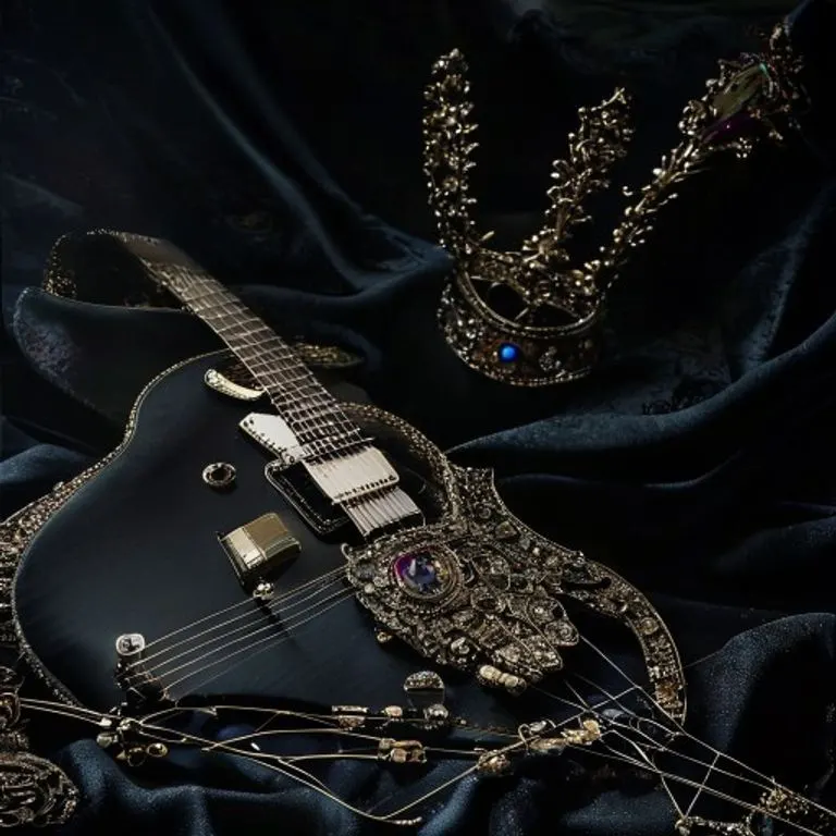 A worn leather guitar pick rests on a vintage amplifier, surrounded by dimly lit sheet music with rock chords.