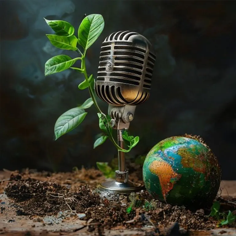 Una ilustración digital 3D que muestra un pequeño y vibrante brote verde emergiendo de una tierra agrietada y árida. Alrededor del brote, líneas abstractas y fluidas de notas musicales se entrelazan, simbolizando la esperanza y el poder curativo del arte. El fondo es limpio y minimalista, destacando el contraste entre la desolación y la vida que renace.