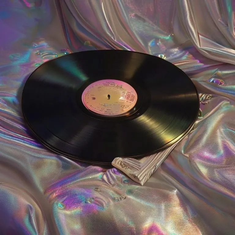 Primer plano detallado de un tocadiscos vintage con el vinilo del álbum Off the Wall de Michael Jackson girando, bajo una luz suave de discoteca, evocando la producción clásica y atemporal.