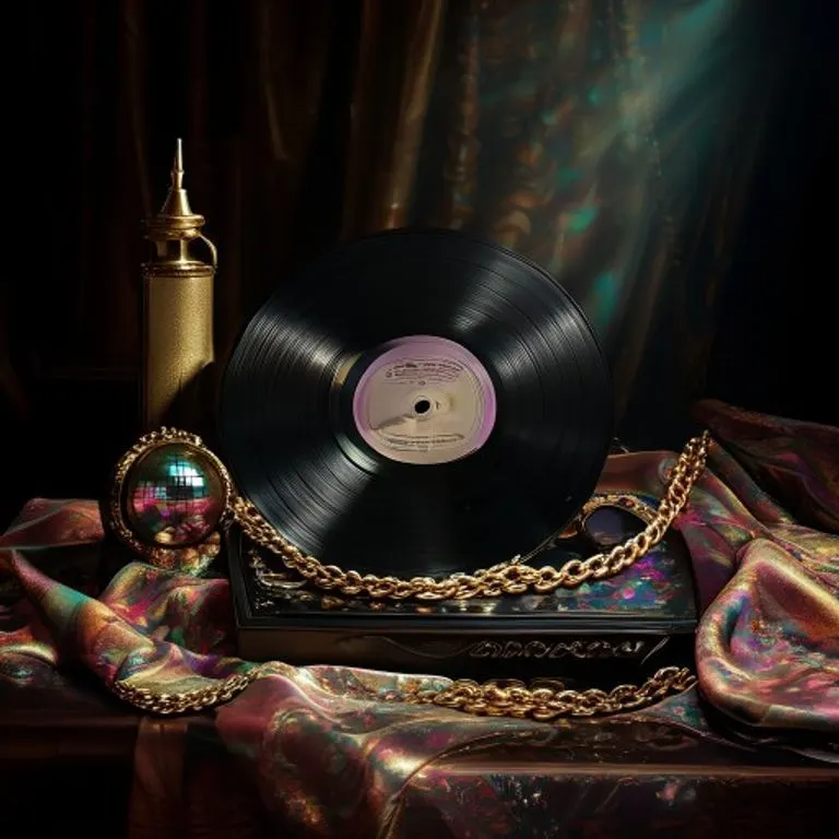 Tocadiscos vintage con un disco de vinilo girando, rodeado de revistas musicales de los años 70, evocando la producción analógica de 'Off the Wall'.