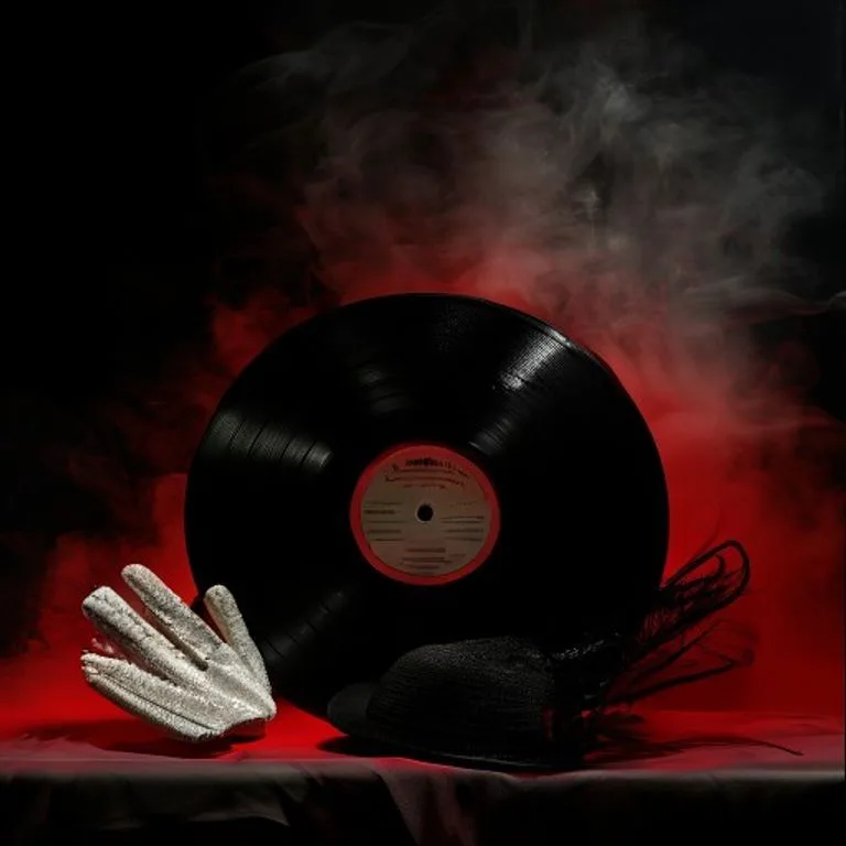 Primer plano de un tocadiscos vintage reproduciendo el álbum Thriller de Michael Jackson, con iluminación dramática.