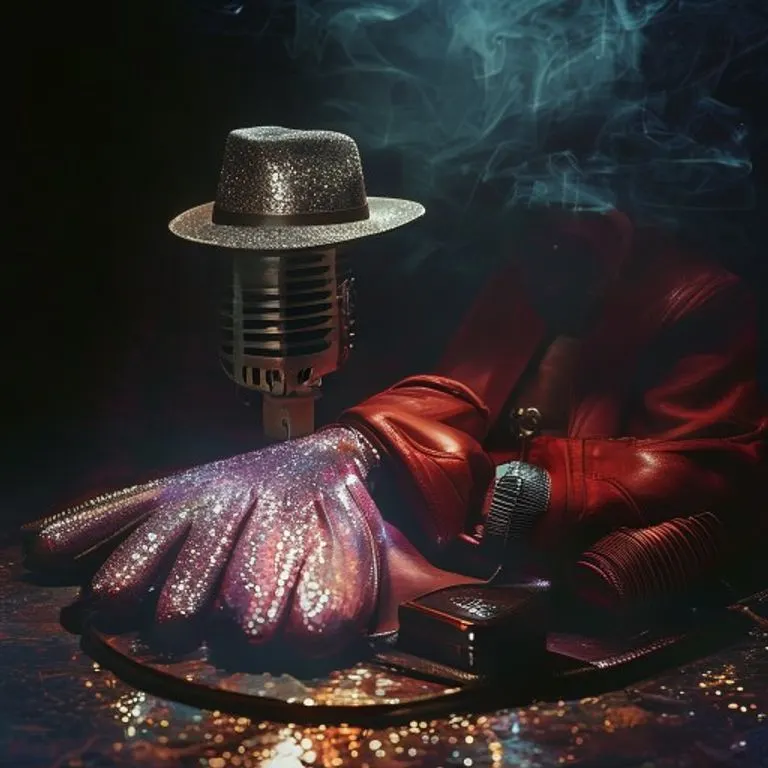 Una ilustración 3D abstracta de una chaqueta de cuero roja icónica, similar a la de Michael Jackson en Thriller, sobre una lápida en un cementerio brumoso, simbolizando su legado.