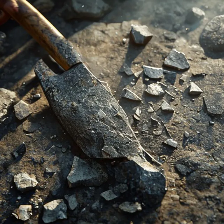 Macro shot of crude, bifacial handaxes from the Lower Paleolithic, showcasing hard hammer percussion marks and raw stone textures.
