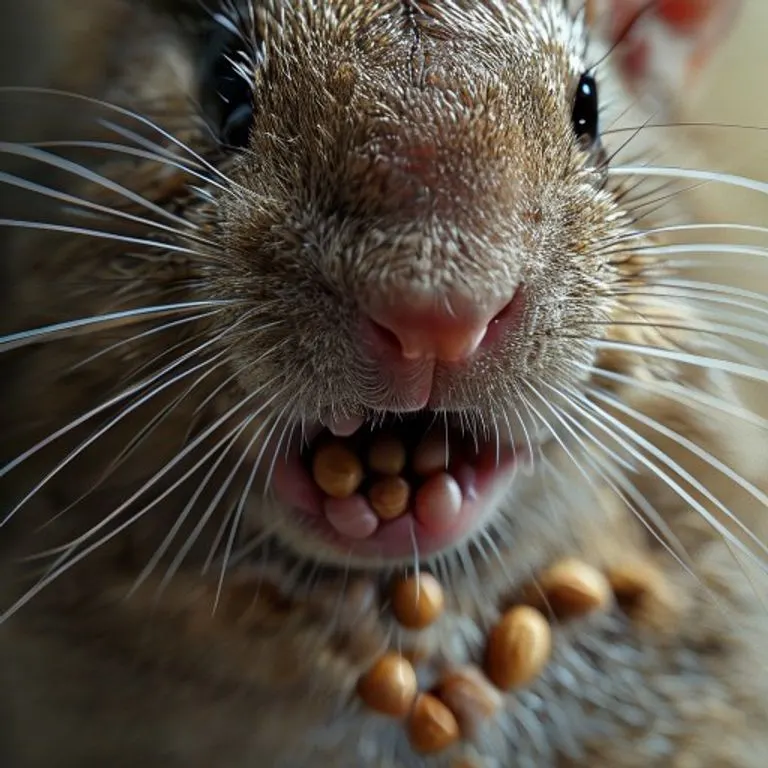 A detailed 3D scientific illustration showing a longitudinal cross-section of a rodent's head, highlighting the internal anatomy of the buccal pouch with its muscular layers and epithelial lining.