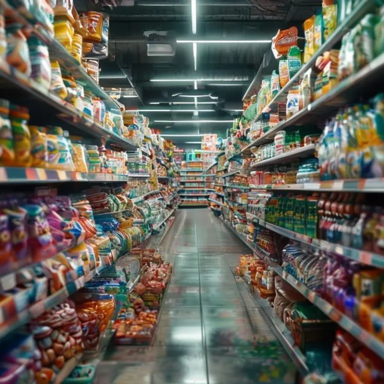 Abstract 3D digital illustration of interconnected global food supply chains converging on a minimalist shopping cart icon, symbolizing distribution and sustainability.