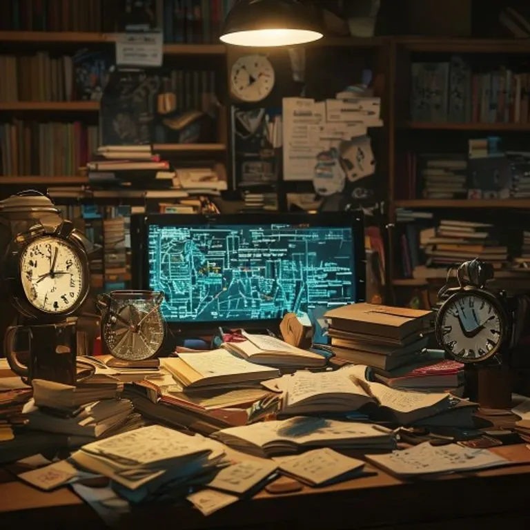 Cinematic still life of a student's desk at night, cluttered with textbooks, notes, and a glowing laptop, depicting intense academic cramming.
