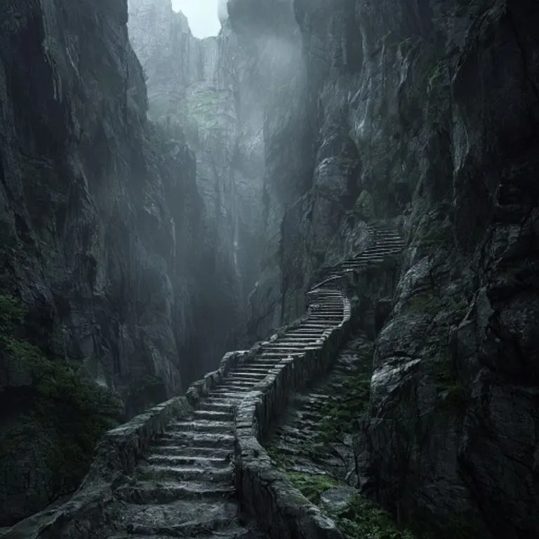 A long, illuminated ladder extending from the shadowy depths of a chasm towards a bright, open sky, representing escape and personal evolution.