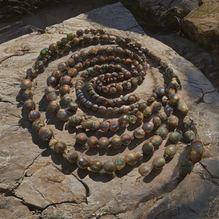 A detailed close-up of an assortment of antique African trade beads, showcasing their unique colors, patterns, and aged patina, arranged on a dark, textured fabric.